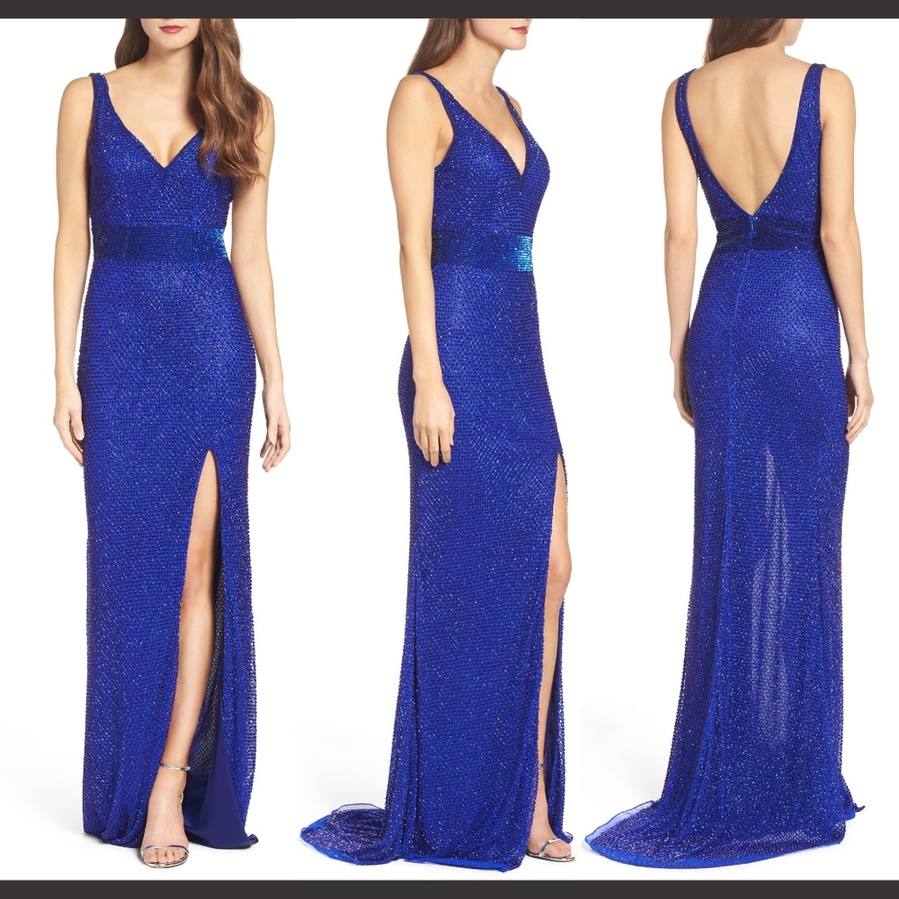 NWT $338 Mac Duggal '1070' Beaded Mesh Gown‎ in Royal Blue [SZ 6 ]